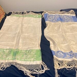 Vintage Set of Two Cream and Blue/Green damask Patterned table runners